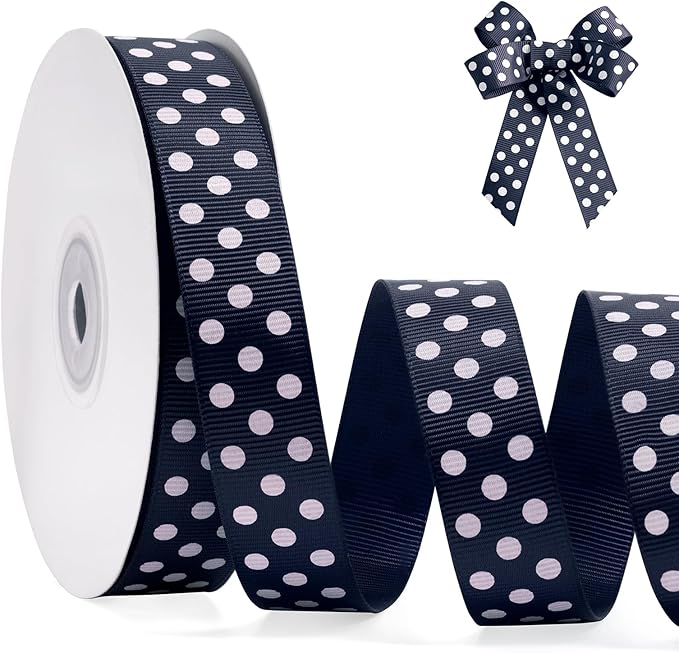Polka Dot Grosgrain Ribbon 3/4 Inch, 25 Yards Spool Navy Blue and White Dot Craft Ribbon for Christmas Gift Wrapping DIY Crafts Hair Bows Wedding Party Decor Sewing and Home Decoration