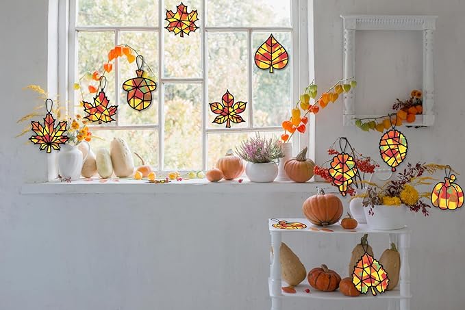 Renbuzhu 40PCS Fall Crafts Bulk: Leaves Pumpkins Paper Suncatchers DIY Kit for Autumn Thanksgiving Activities Decorations, Window Stained Glass Effect Art Supplies(Black Frame)