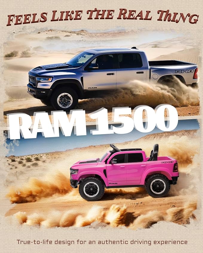 Licensed Ram 1500 12V Ride on Toys, Kids Ride on Car with Remote Control, Electric Vehicle for Toddler with Smooth Start, Pickup Truck Bed Storage, Spring Suspension, Aux Port (Pink)
