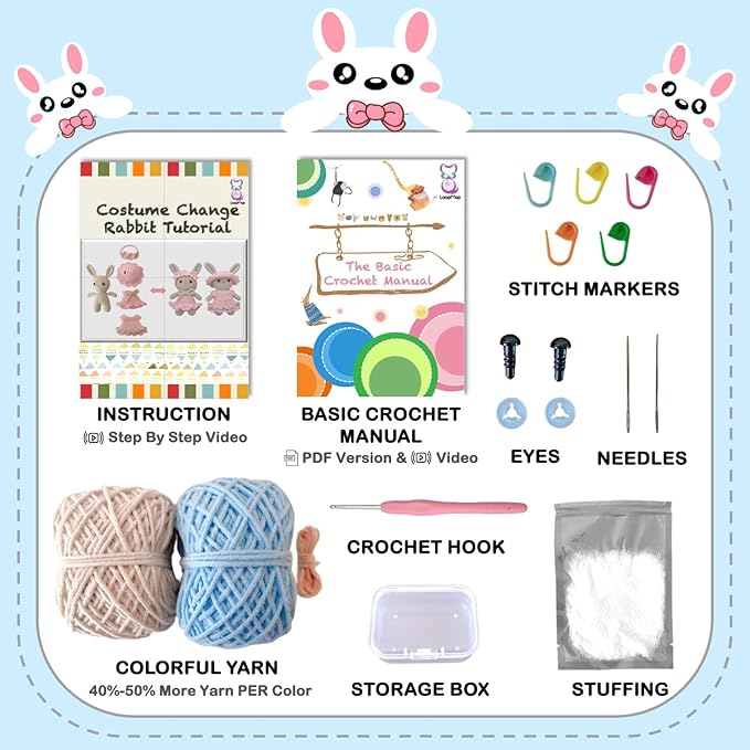 LoopMap Beginner Crochet Kit for Adults & Kids - DIY Amigurumi Bunny with Removable Dress & Accessories - Step-by-Step Video Tutorials, Extra Yarn, Crochet Tools - Handmade Gift (Bunny-Blue)