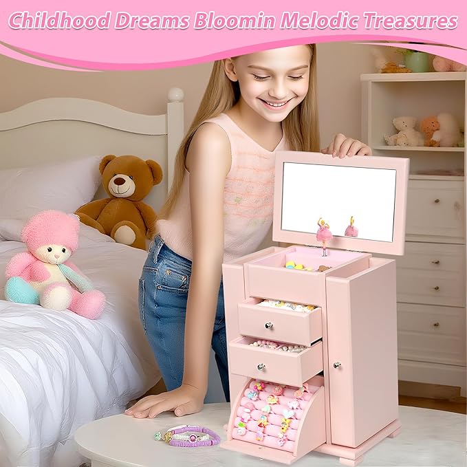 Musical Jewelry Box for Girls, Large Kid Music Box with Ballerina for Birthday Bedroom Decor, 5 Layer Girl Jewelry Gifts for Girls Kids - Pink