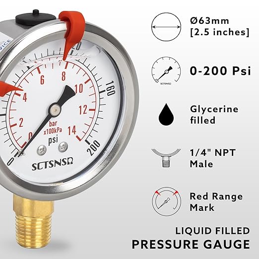0 to 200 Psi Pressure Gauge, Glycerin Liquid Filled, 2.5 inch Dial, 1/4" NPT Lower Mount, Stainless Steel Case, for Air Compressor, Shock, Water System, Well Pump, Tank, Pipe, Pressure Test