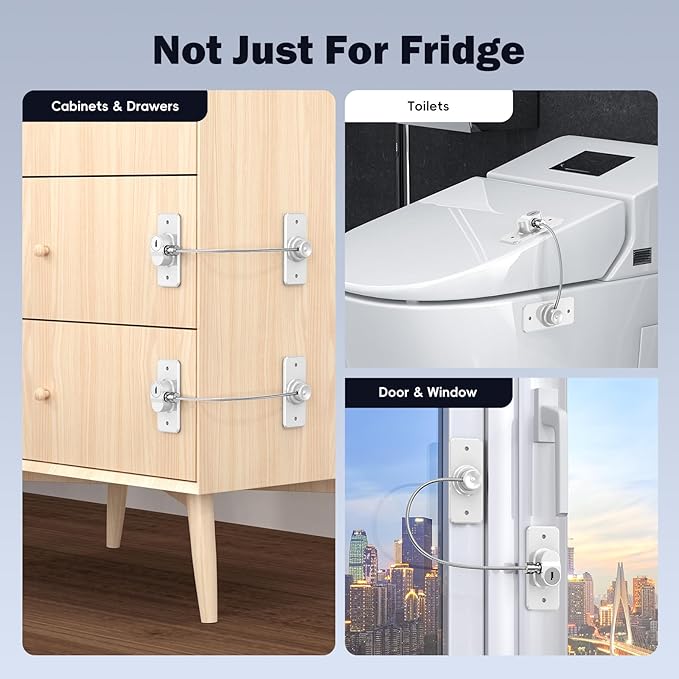 2 Pack Refrigerator Door Lock with Adhesive, No Tools Required, Child Proof Fridge Door Lock for Kids and Pets, Self Adhesive Latch for Freezer, Cabinets, Drawers, Air Oven, Windows (Patent)