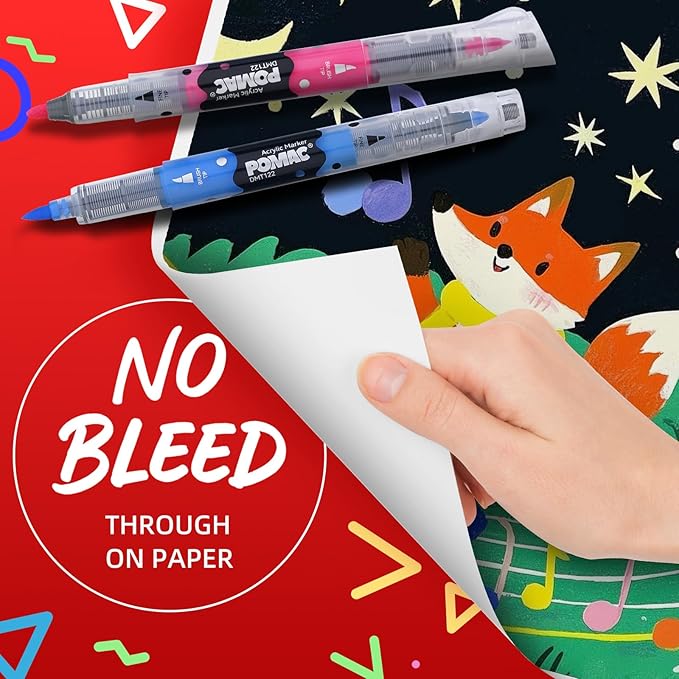 POMAC Dual Tip Acrylic Paint Markers Pens 12 Assorted Colors, Direct Liquid Acrylic Marker with Brush & Fine Tip, Water-Based Paint Marker for Fabric, Canvas, Rock, Glass, Wood, Crafts, Art Supplies