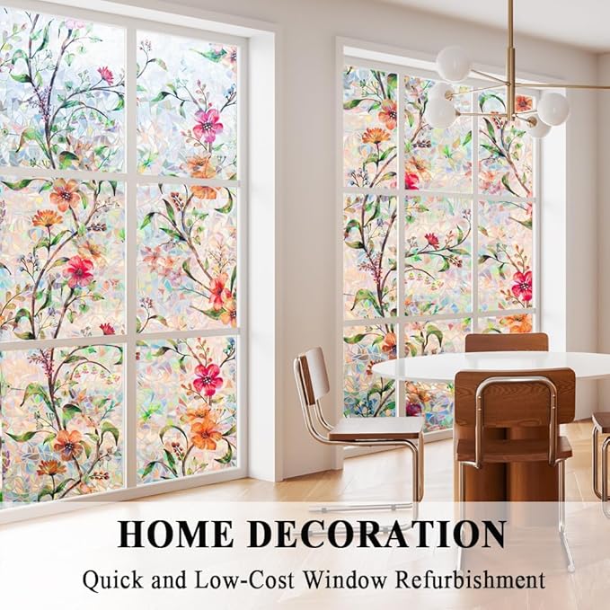 Stained Glass Window Film Static Cling Door Privacy Film Decorative Flowers Green Leaves Window Decals Stickers Heat Control Anti UV for Home and Office,35 inches by 78.7 inches