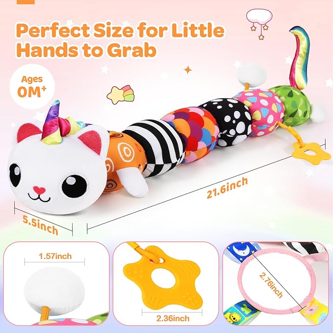 Baby Toys 0-6 6-12 Months, Sensory Musical Animal Stuffed Toy for Infant 0-3 3-6 Months, Tummy Time Toys with Mirror Crinkle Rattle, Plush Unicorn Cat Toy Gifts for 0 1 2 3 4 5 6+ Months Boys Girls
