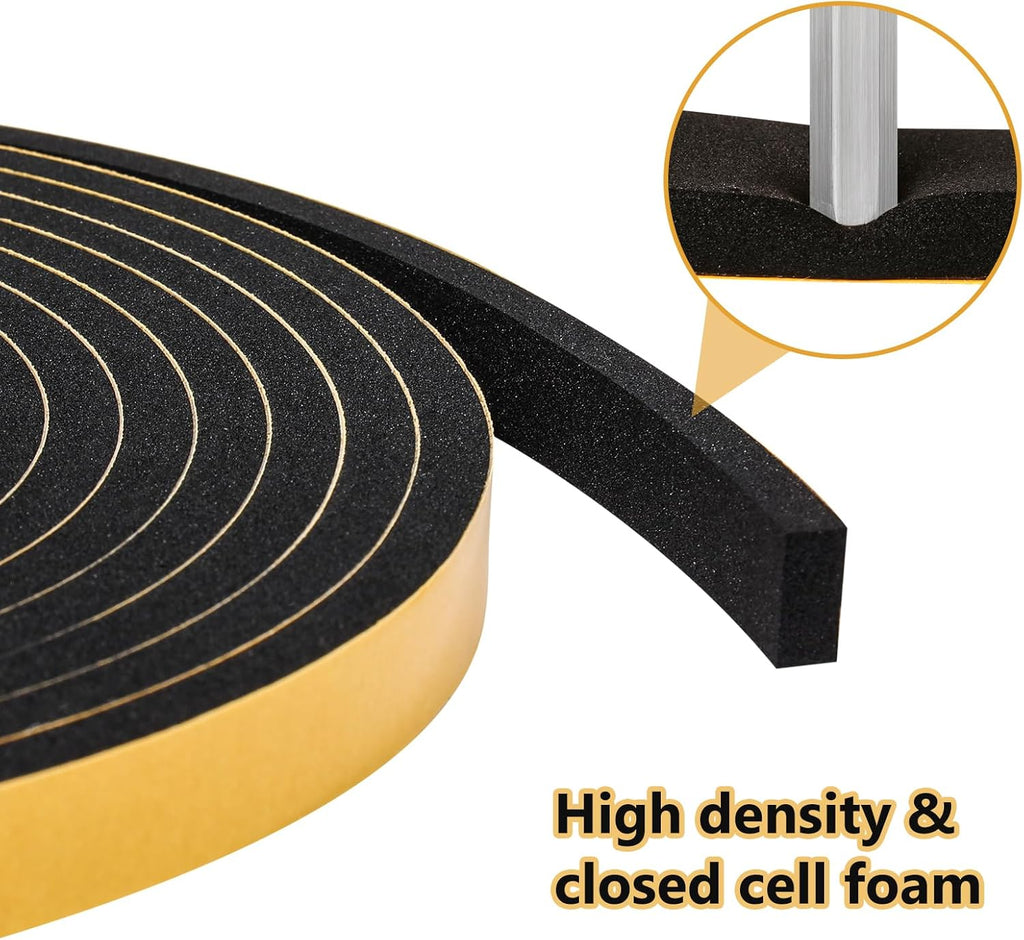 Weather Stripping Door Seal Strip (1/2 Inch X 1/4 Inch X 16Feet), Strong Adhesive, Lightproof, Soundproof, Weatherproof Foam Tape Insulation for Sliding Door, Front Door Frame, Windows- Black