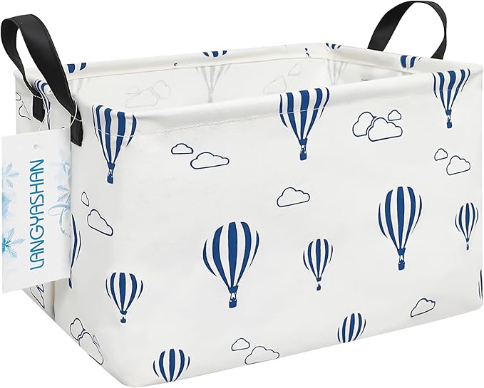 LANGYASHAN Rectangular Storage Bin Collapse Canvas Fabric Cartoon Storage Basket with Handles for Organizing Home Kitchen Boys and Girls Toys Office Closet Shelf Baskets (Rec Blue Balloon)