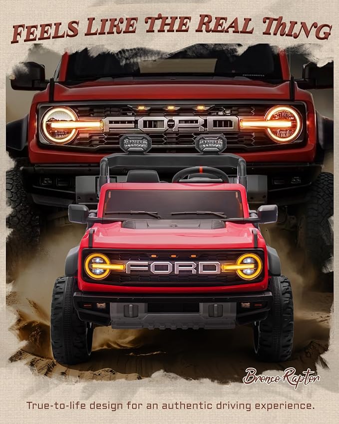 Ford Bronco 24V Ride on Toys for Boys & Girls, 2 Seater Kids Electric Car with Remote Control, Kids Ride on Truck with 4 Wheels Suspension, Led Lights, Safety Belt (24V, Red)