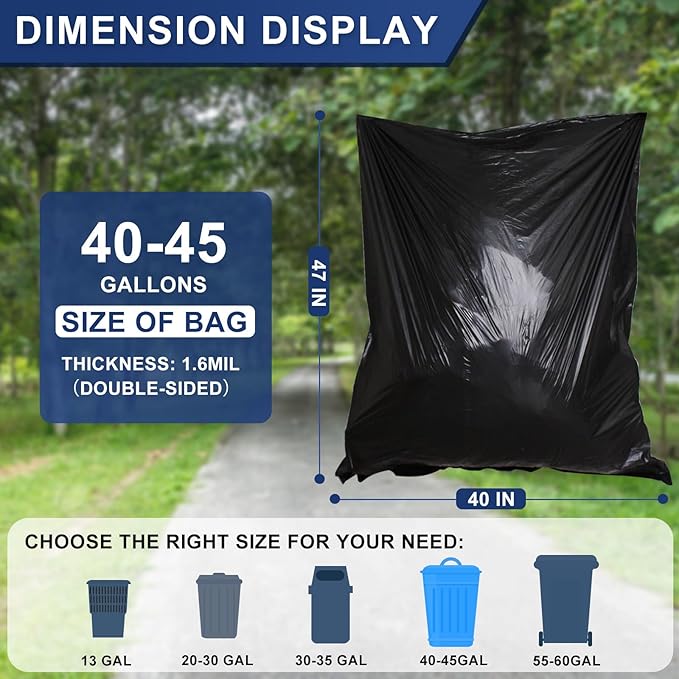 Large 40-45 Gallon Trash Bags Heavy Duty - 1.6 Mil Thick,39''x47'' Strong Black Garbage Bags Unscented 100 Count Trash Can Liners for Construction Industrial Yard Outdoor Commercial