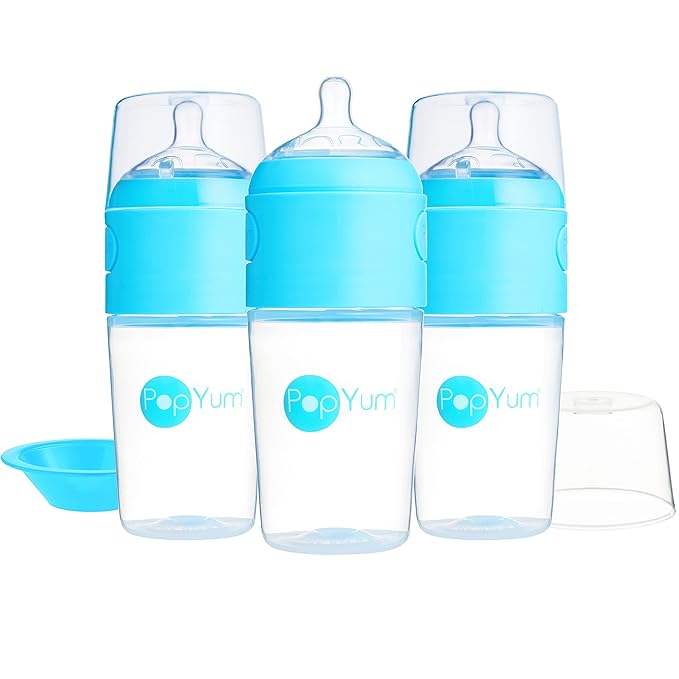 PopYum 9 oz Blue Anti-Colic Formula Making/Mixing/Dispenser Baby Bottles, 3-Pack with #2 Medium Flow Nipples, 260 ml, BPA-Free, Natural Latch