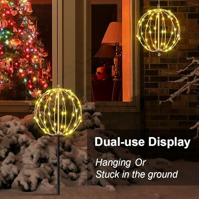 LIGHTSHARE 10IN 48LED Light Ball Yard Decoration Pathway Lights Sphere Light with Fold Flat Metal Frame Indoor Outdoor Waterproof Garden Lights, White Frame / Warm White Lights, 10