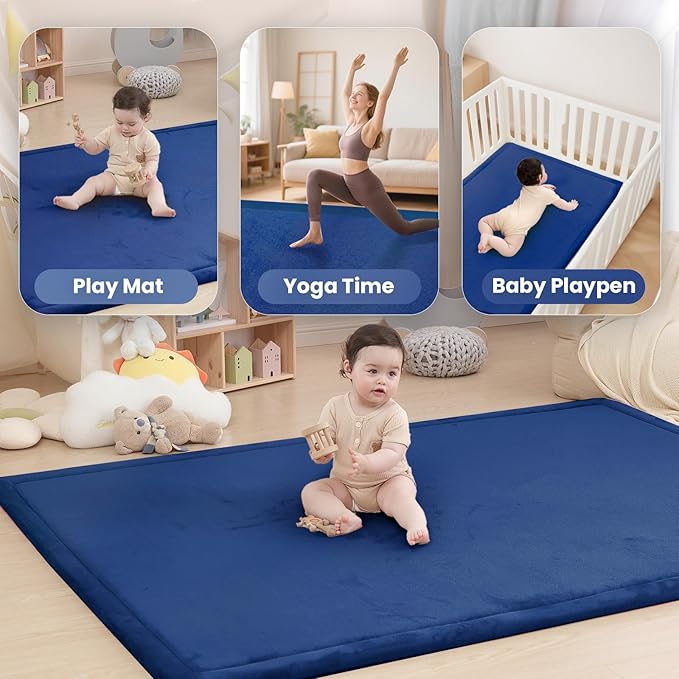 Baby Play Mat for Floor,1.3" Thick Memory foam Tummy Time Mat,Soft Coral Velvet Nursery Rug,Extra Large Non Slip Crawling Mat for Toddlers,Infants,kids,Yoga Mat,Tatami Mat for Living Room(Royal Blue)