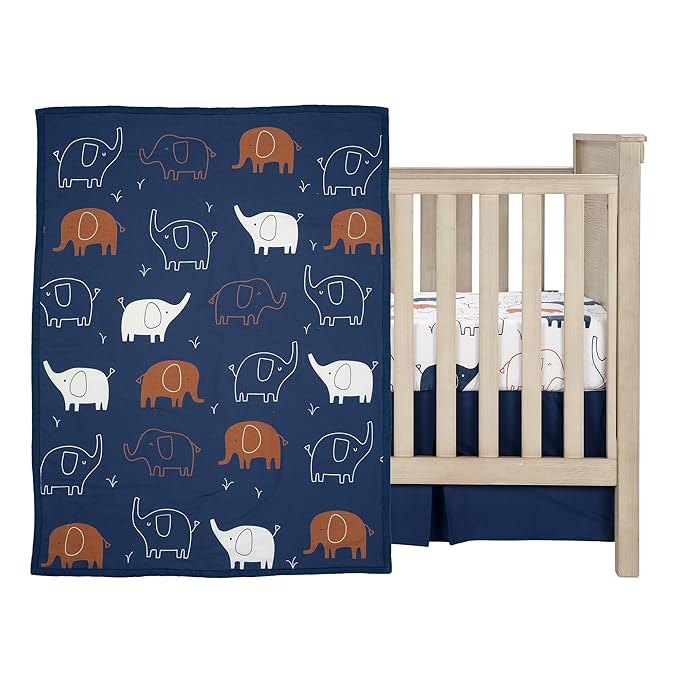 Lambs & Ivy Playful Elephant Blue/White Cotton 3-Piece Baby Crib Bedding Set