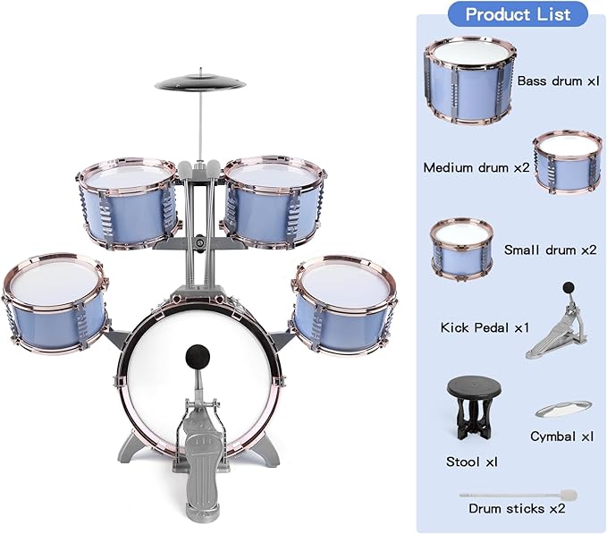 M SANMERSEN Kids Jazz Drum Set - 5 Drums with Stool - Rock Jazz Drum Kit - Musical Enlightenment Educational Toys Gift for Boys Girls