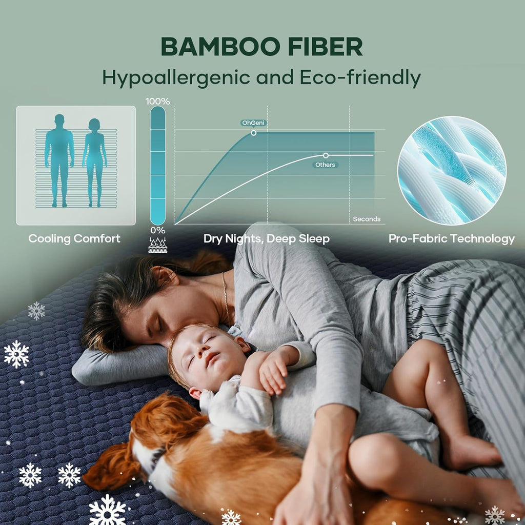 OhGeni 100% Waterproof Mattress Protector, Twin Size Mattress Pad, Fits 6"-20" Mattresses with Deep Pocket, Cooling, Breathable Fitted Sheets, Soft Bed Cover, Noiseless, Machine Washable(Navy Blue)