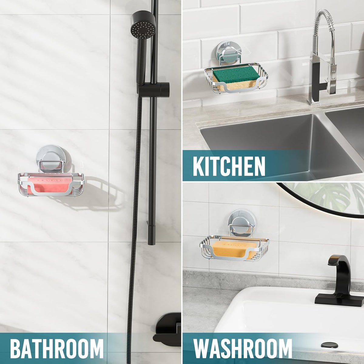 TAILI Soap Holder Bar Dish Suction Cup, Bar Shampoo Rack for Shower Wall, Draining Soap Saver Tray for Bathroom, Rustproof Stainless Steel Sponge Holder for Tub, Kitchen, Drill-Free, Silver