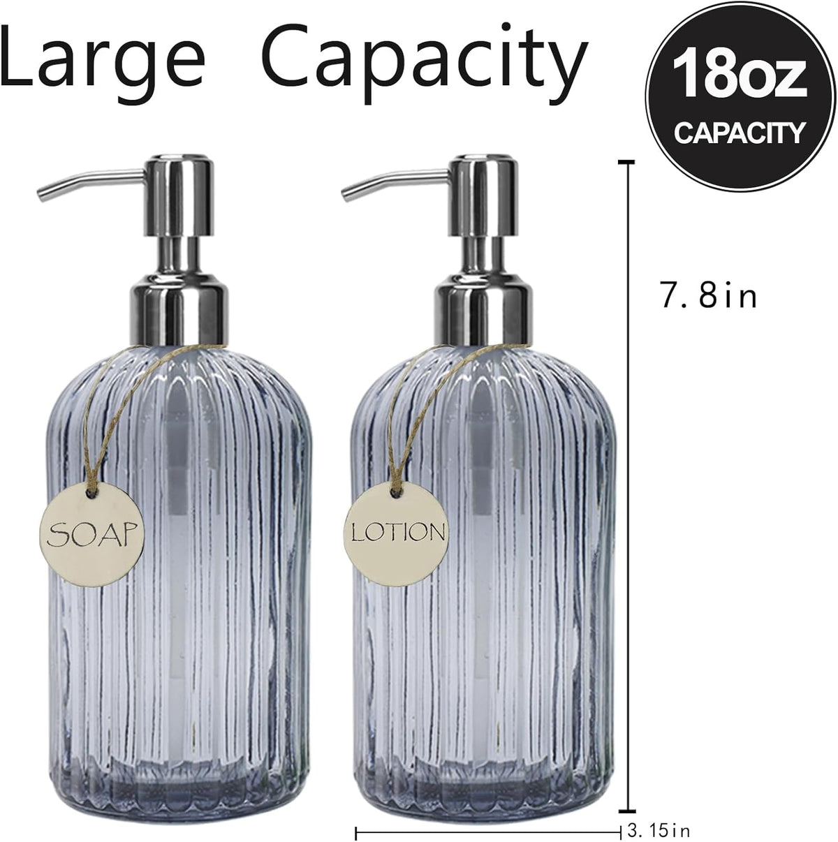Grey Glass Soap Dispenser 18 oz, 2 Pack Hand Dish Soap Dispensers Bathroom with Stainless Steel Pump, Refillable Kitchen Liquid Decorative Bottles for Hand Sanitizer, Lotion