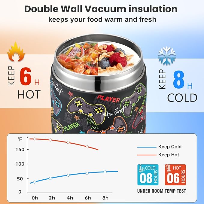 17oz Soup Thermo for Hot Food Kids,Insulated Food Jar with Spoon,Thermo Hot Food Lunch Container,Wide Mouth Leakproof Stainless Steel Lunch Box for School-Black Game