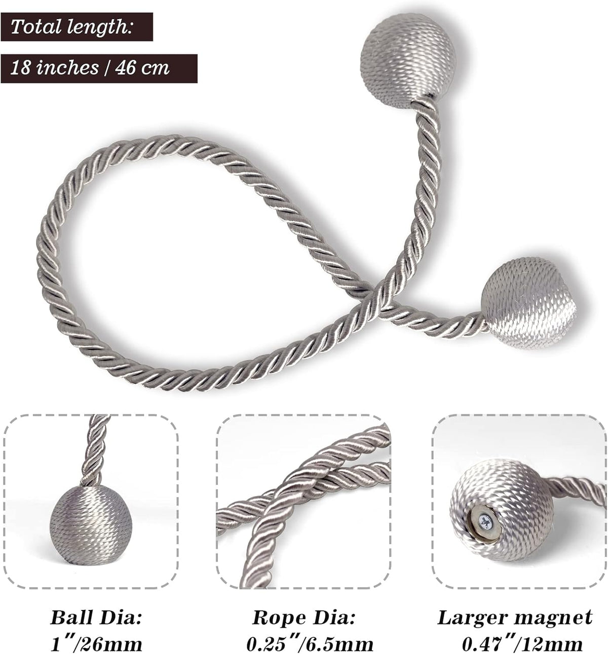 Hion Magnetic Curtain Tiebacks Grey 6 Pack, Curtain Tiebacks Buckles Holdbacks Holders Hooks Clip for Home Bedroom Office Decorative Thick or Thin Curtain