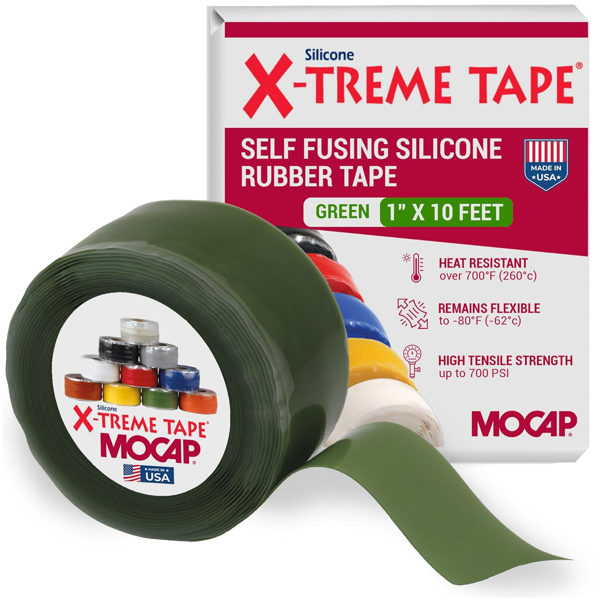 X-Treme Tape MOCAP Heavy Duty Electrical Tape, Self-Fusing Silicone Rubber, Waterproof & Insulating Flexible Tape, Electrical for Hose, Automotive, Outdoor & Repairs - 1" x 10ft Roll - Green