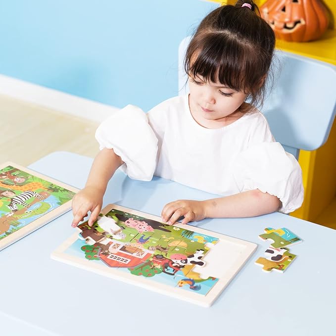Animals Wooden Jigsaw Puzzle for Kids Set of 2 - African Wildlife and Farm Animals（15 pcs） Preschool Educational Learning Toys Gift for Toddlers Boys and Girls