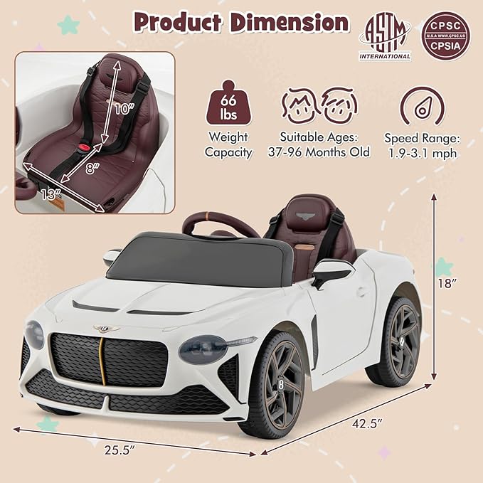 Costzon Ride on Car, 12V Licensed Bentley Bacalar Battery Powered Kids' Electric Vehicles w/Remote Control, Scissor Doors, Wireless Connection, Lights/Sound Effects, Kids Car Toys for Toddlers(White)