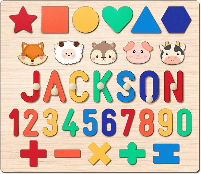 Personalized Name Puzzle for Toddlers 1-3 Wooden Alphabet Shape Number Blocks Personalized Baby Gifts 1st Birthday for Girls & Boys Preschool Educational Montesorri Toys for 1 Year Old 2 3 4 5