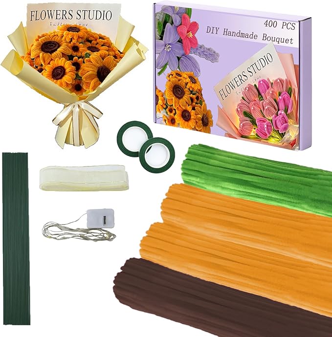 LOLEDE 400Pcs Pipe Cleaners Craft Kit, 3 Colors Chenille Stems for DIY Artificial Flower Making with Floral Wires, Gardening Tape, LED String Lights, Pearl Beads & Ribbon (Yellow)