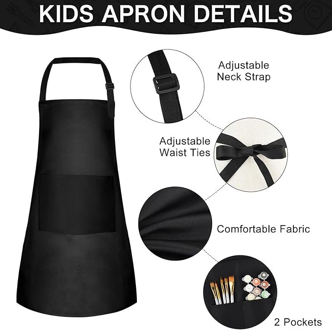 PLULON 15Pcs Kids Paint Aprons Bulk Art Painting Apron for Kids, Paint Apron Adjustable Children Chef Aprons with 2 Pockets for Girls Boys Painting Baking Cooking Crafting (Black)