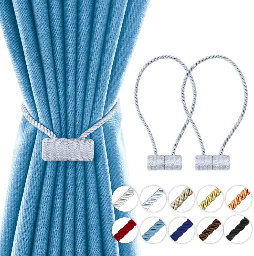 18 Inch Strong Magnetic Curtain Tiebacks, Curtain Holdbacks Modern Upgrade Strong 2021 New Twisted Style Decorative Drapery Rope Tie Backs(2 Pack Silver Grey)