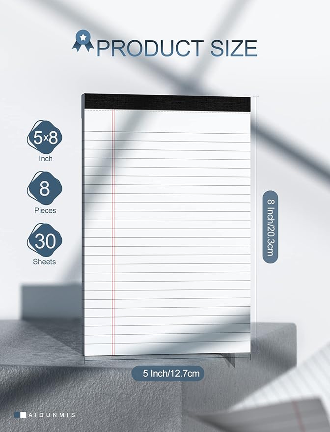 8 Pack Office Legal Pads 5x8" Lined Writing Note Pads 5x8 for Home Office Supplies Small To Do List Notepad Legal Pad Narrow Ruled Notebook 80GSM Paper for School White 30 Sheets per Notepads for Work