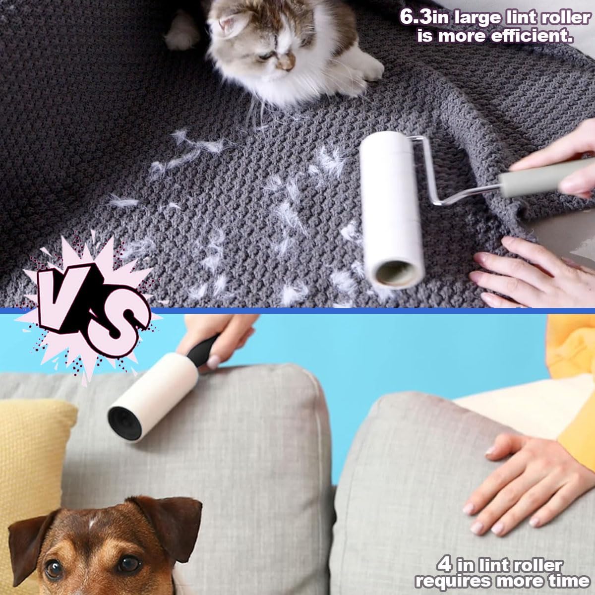 Extra Sticky Large Surface Lint Roller, 6.3'' Giant Lint Roller for Pet Hair, 450 Sheets/ 5 Refills, Long Handle Lint Remover for Clothes, Furniture, Dog & Cat Hair Remover