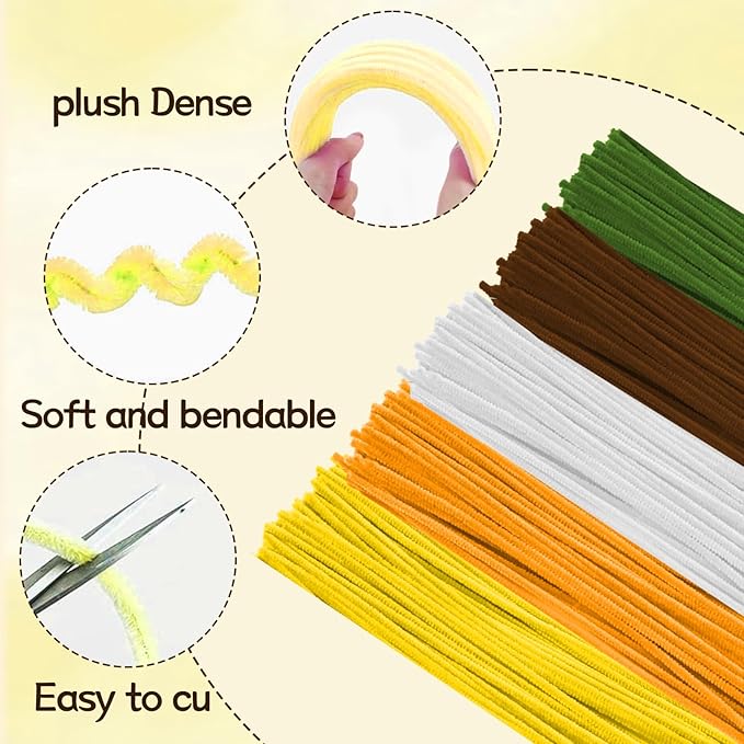 500 Pcs Pipe Cleaners Craft，5 Colors Pipe Cleaners Bulk,Chenille Stems Flowers Craft kit for DIY Handmade Bouquet Wrapping Party Decorations whit Ribbons，Stems,Tape，Stamens, Glue Sticks (Sunflower)