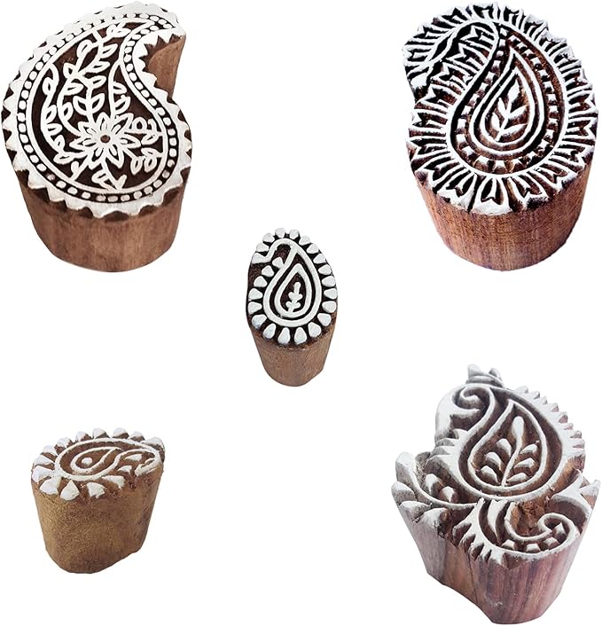 Royal Kraft Paisley Wooden Printing Stamps (Set of 5) - DIY Henna Fabric Textile Paper Clay Pottery Blocks Htag2211