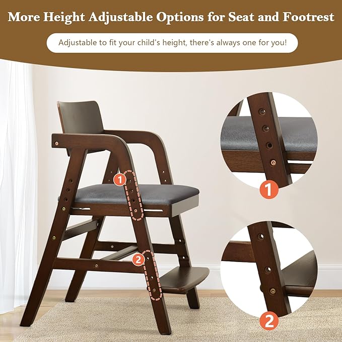 Solid Wood High Chair for Toddlers to Teens, Adjustable Height Toddler Dining Chair, Easy to Clean Toddler Highchair with Removable PU Cushion for Dining, Studying, Step Tool, Walnut