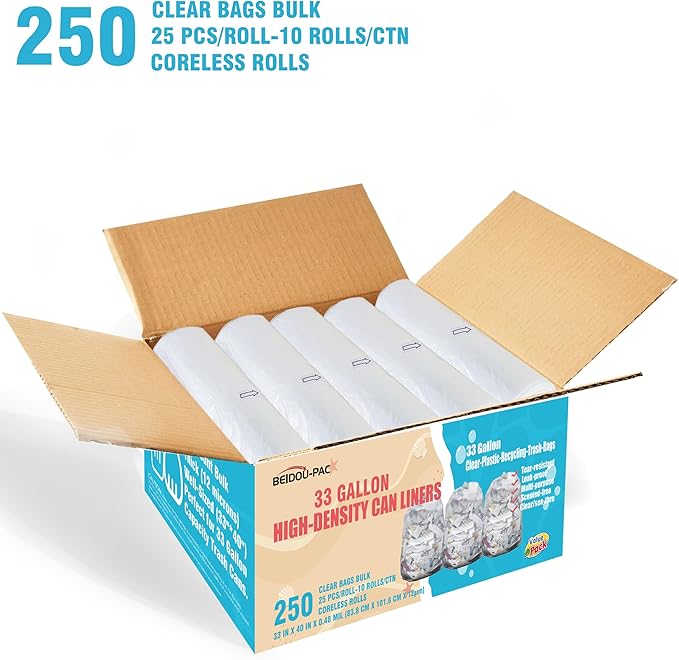 33 Gallon Trash Bags, 250 Count Bulk, Heavy Duty Clear Plastic Recycling Garbage Bags, Multi-purpose Can Liners for Business Home Commercial, Industrial Contractors, Storage & Outdoor