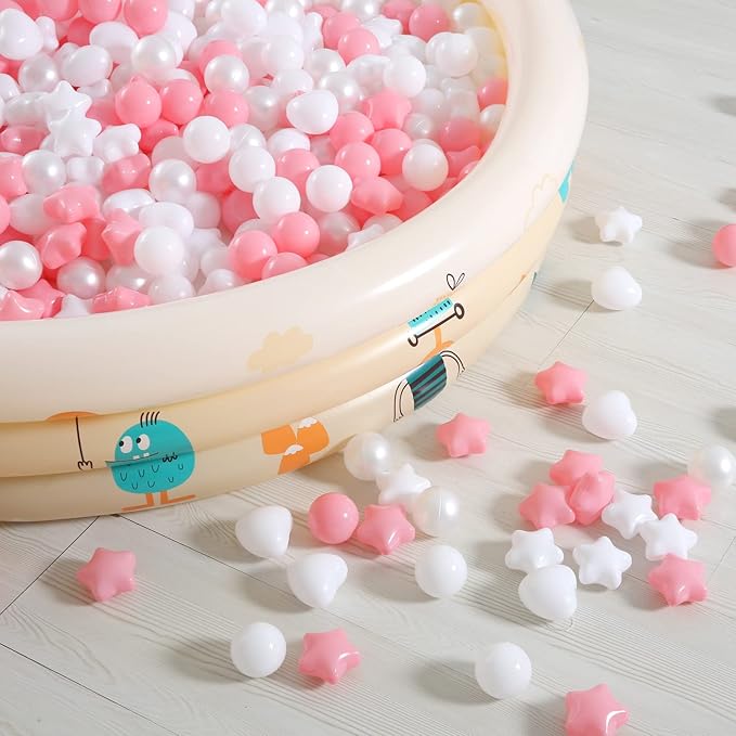GOGOSO Pink Ball Pit Balls with Star Bals Heart Balls 100 - Crushproof Plasticballs for Babies Toddlers Kids Children for 1 2 3 4 5 Years Old,5 Colors,2.15inches
