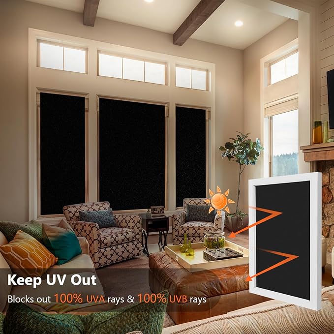 Kromapolis Blackout Window Privacy Film Total Light Blocking Room Darkening Window Covering, Removable Static Cling Frosted Glass Tint, Non-Adhesive, Black 11.8'' x 157.4''