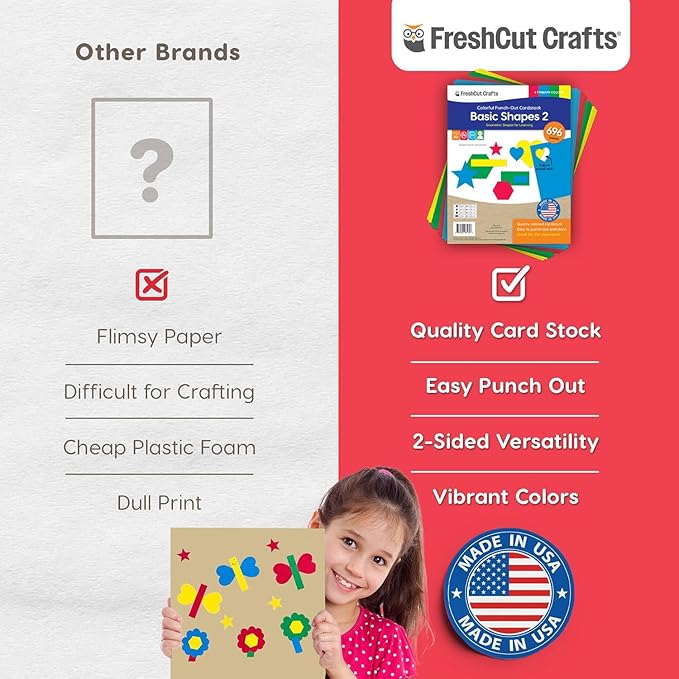Basic Shapes 2: Hearts, Stars, Hexagons, Rectangles, 696 Pieces US Made Card Stock Punch Out Geometric Shapes in 3 Sizes and 4 Primary Colors for Math, Pattern Play and DIY Crafting