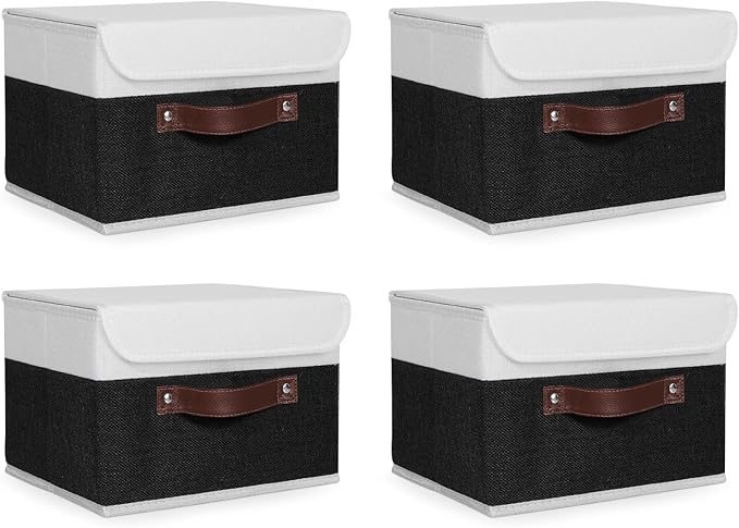 ANMINY 4PCS Storage Boxes with Lid Washable Decorative Storage Bins Basket with PU Leather Handle Foldable Linen Fabric Storage Cubes Containers for Home Closet Organizer - Black White, Small Size
