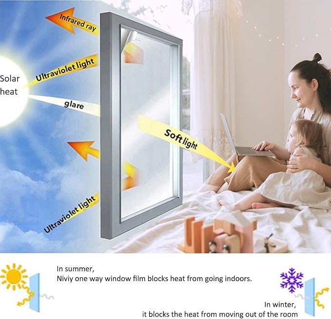 Niviy One Way Window Film Daytime Privacy Mirror Effect Reflective Window Tint for Home Self Adhesive UV Sun Blocking Heat Control Glass Door Films 17.7 x 118 inches Silver