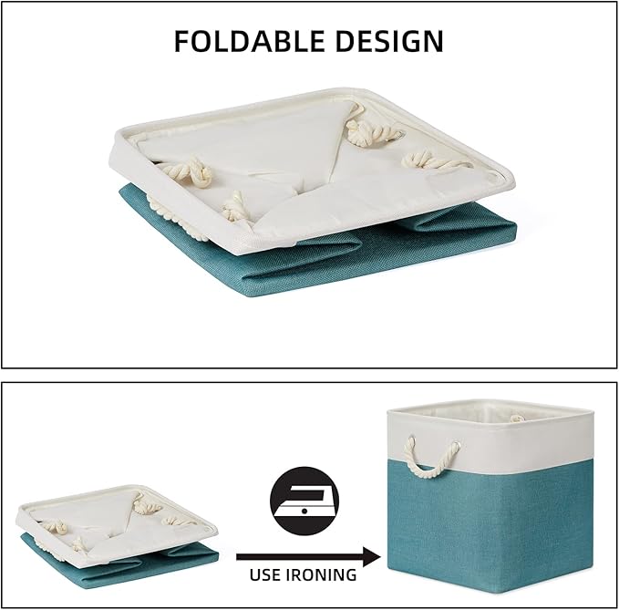 Bidtakay Fabric Baskets for Closets Shelves Lined Set of 3 Large Square Collapsible Storage Bins for Organizing 13 X 13 Cube Storage Bins for Pantry Organization Storage(Teal Blue)