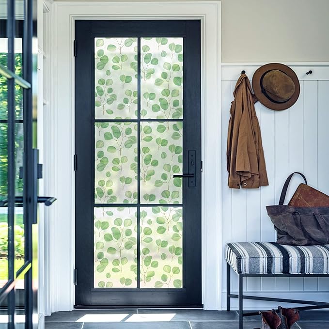 DKTIE Retro Leaves Pattern Two-Way Window Film Privacy Day and Night Window Privacy Film Decorative Stained Glass Window Clings for Birds (S222, 17.7" x 78.7")