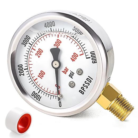 0-6000 Psi Glycerin Liquid Filled Hydraulic High Pressure Gauge, 2.5" Dial Size, 1/4" NPT Lower Mount, 304 Stainless Steel Case, for Water Oil Air Gas Pressure Test