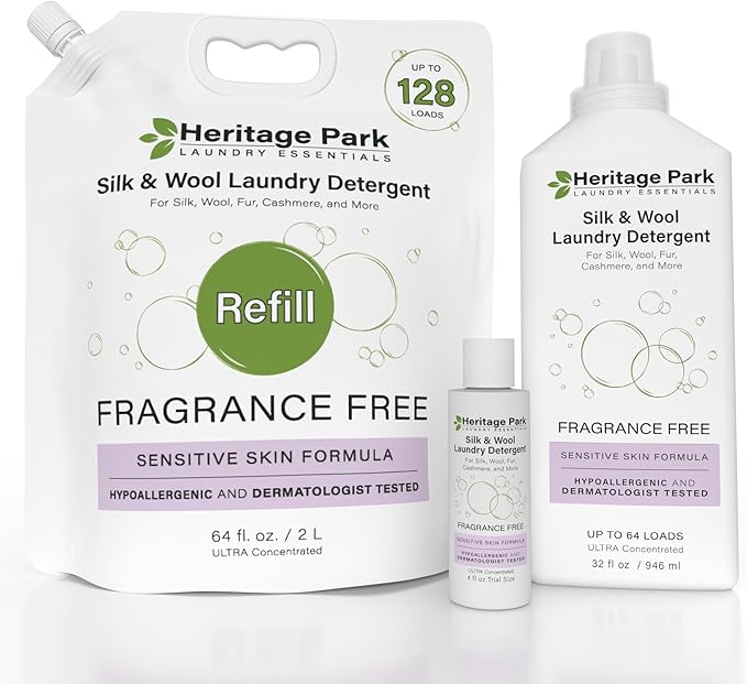 Heritage Park Silk & Wool Fragrance Free, Hypoallergenic, pH-Neutral Laundry Detergent - Dermatologist-tested, Sensitive Skin-Friendly, Enzymes-Free, Ultra Concentrated (4 Fl Oz)