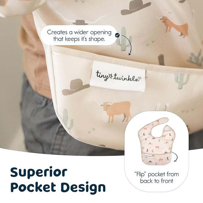 Tiny Twinkle Mess Proof Baby Bibs for Eating - Waterproof, Wipeable Bibs - Toddler Bibs - Travel Friendly - PFAS, PVC, BPA, Phthalate Free - Baby Food Bibs(3 Pack,Cowboy)