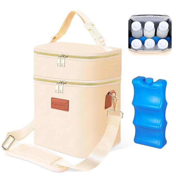 PIIOSER Breastmilk Cooler Bag with Ice Pack Fits 6 Baby Bottles Up to 9 Ounce, Insulated Baby Bottle Tote Bags, Double Layer Waterproof Leak-Proof with Shoulder Strap for Nursing & Working Mom (Cream)
