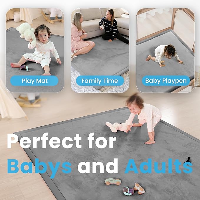 1.3" Thick Baby Play Mat for Floor Playpen, 50x50 Foam Tummy Time Mat, Padded Support Soft Plush Nursery Rug for Infant Kids Toddler Crawling Kick Activity (Dark Grey)
