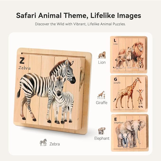 IEATFO 4 in 1 Wooden Animal Chunky Puzzle, 5 Solid Wood Puzzle Blocks with 4 Sides Realistic Safari Animals, Wooden Block Puzzle with Durable Base for Toddlers 3+ Years - Montessori Inspired